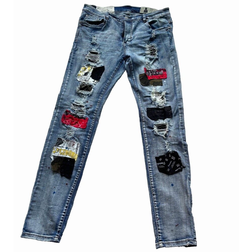 Industrial Indigo 100% Authentic Graphic Blue Rip Skinny Jeans W38 L34 Grunge